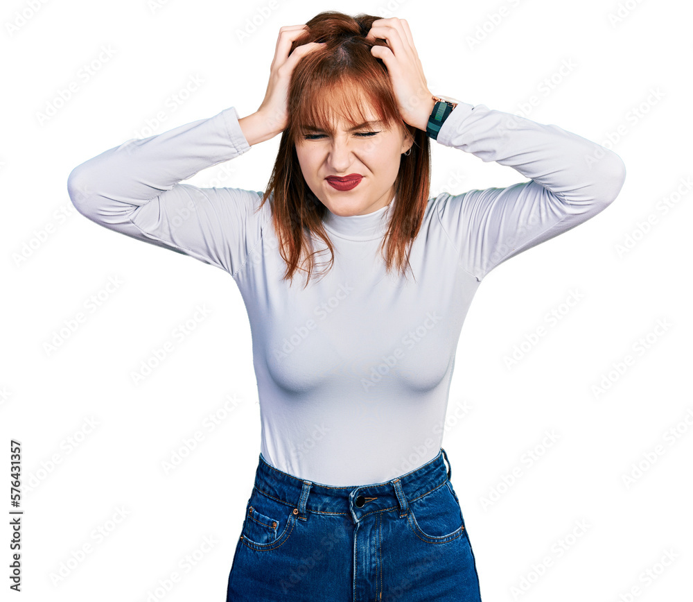 Wall mural Redhead young woman wearing casual turtleneck sweater suffering from headache desperate and stressed because pain and migraine. hands on head.