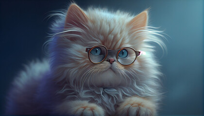 Funny Cat Wearing Sunglasses - Closeup Portrait on Dark Blue or Pink Background. Adorable Little Pet, Cute Child Animal. Generative AI.