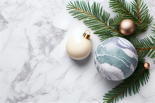 Christmas balls on a marble background Generative ai
