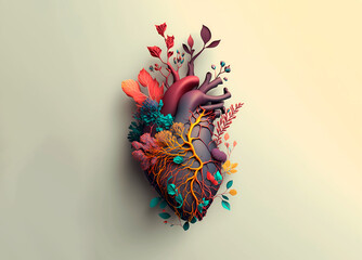 The human heart in fresh blooming colors on a light background,  good hearted person, help and charity, love and emotion, Сoncept of recovery, generative AI