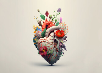 The human heart in fresh blooming colors on a light background,  good hearted person, help and charity, love and emotion, Сoncept of recovery, generative AI