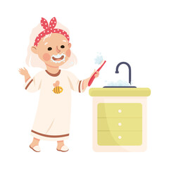 Cute little girl brushing her teeth. Happy kid doing everyday hygiene activities cartoon vector illustration