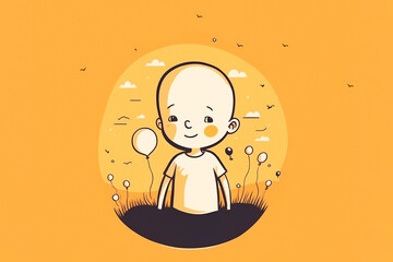 International Childhood Cancer Day. Сhild with cancer looks out the window minimal cartoon illustration. Generative AI.	