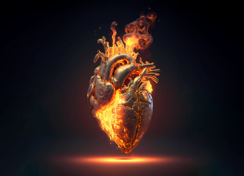 Abstract Human heart on fire on black background. Generative AI