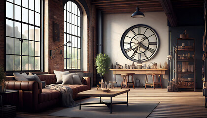 Living room interior in loft, industrial style. Big window sunlight. Generative Ai. 
