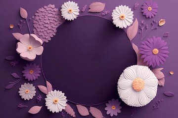 Happy women's day background on the purple surface, empty space in the center, wildflowers decoration on sides,  Generative AI