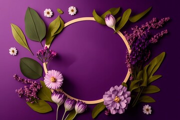 Happy women's day background on the purple surface, empty space in the center, wildflowers decoration on sides and lilacs. Generative AI