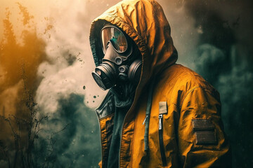 Man wearing Gas Mask Post-Apocalyptic concept Illustration, Nuclear war Radioactive Zone, Generative AI