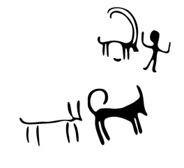 Vector illustration of rock paintings of people and cattle. Prehistoric rock petroglyphs discovered on the territory of Armenia