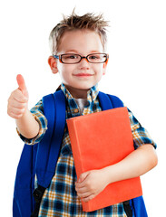 The happy clever boy in glasses with a school bag