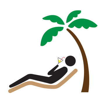 Person lying under the palm tree and drinking the cocktail vector icon isolated
