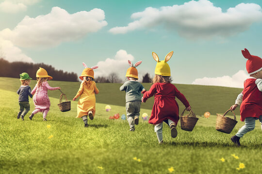 Easter Eggstravaganza: Children's Joyful Hunt in a Colorful Field. Generative AI.