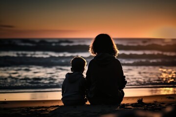 Fototapeta premium Mother and Son Enjoying Sunset on the Beach. Generative AI.