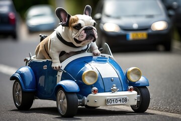 German Bulldog Terrier in Mini Red Car.
Generative AI.