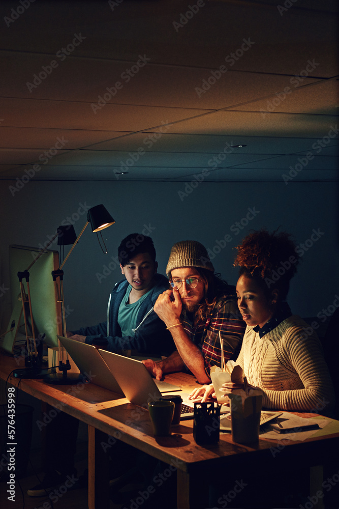 Poster Startup business, tech laptop and people problem solving web design code, cloud computing software or app UI. Website SEO, media content administration or night teamwork collaboration on UX interface