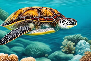 Watercolor Illustration of Sea turtle in crystal clear water. Amazing crystalline seabed. Reef full of life. Generative AI