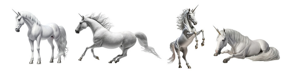 Isolated set of white horse unicorn - Generative AI - obrazy, fototapety, plakaty