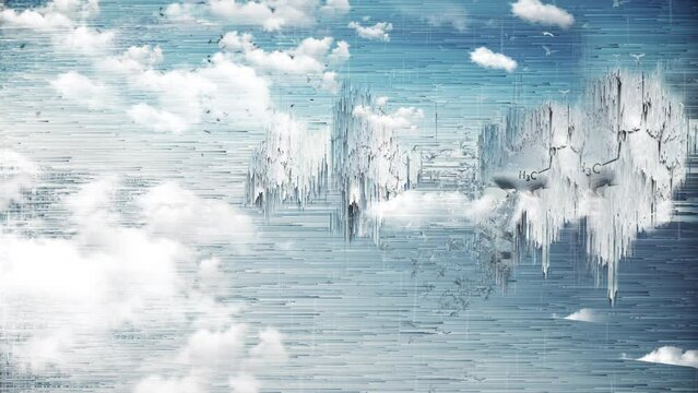 Surreal faces hovers in the sky