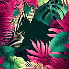 Fototapeta na wymiar Exotic Summer Leaves Frame: Tropical Plant, Pink Floral Background, Nature Wallpaper, Palm, Jungle, and Green Botanical: Generative AI
