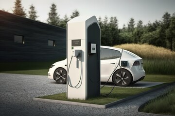Electric vehicle connected for charging - obrazy, fototapety, plakaty