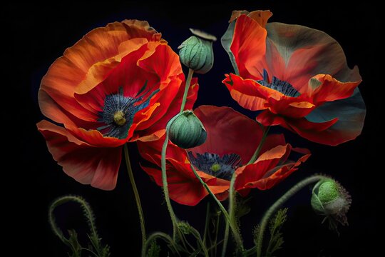 Remembering the Fallen: Wild Poppies on a Dark Background for Remembrance Day. Generative AI