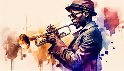 Músico afroamericano tocando la trompeta - Ilustración IA - obrazy, fototapety, plakaty