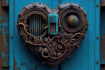 The Ancient Metal Heart: An Intricate 3D Rusty Iron Decoration for Valentine's Day in An Old Blue Retro Industrial Architecture. Generative AI