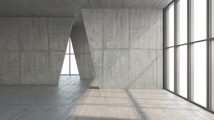 Modern empty space interior in loft style with concrete floor, walls, ceiling, and large windows. 3d render