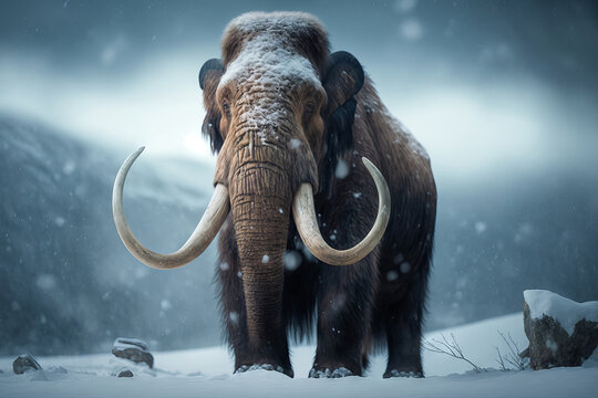 Close-up of a mammoth in the snowy landscape. Generative AI