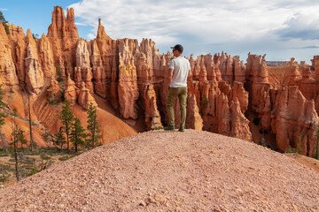 Man with scenic aerial view of hoodoo sandstone rock formations on Queens Garden trail in Bryce Canyon National Park, Utah, USA. Pine tree forest surrounded by natural amphitheatre on sunny summer day