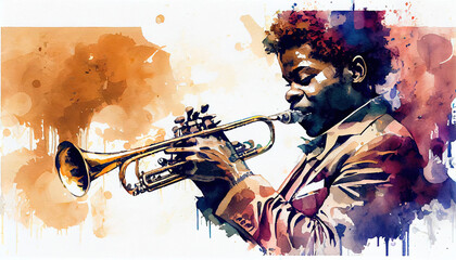 Músico afroamericano tocando jazz con trompeta - Ilustración IA