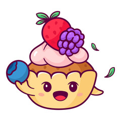 Mixed berry cupcake recipe illustration vector. Berries cupcake cartoon character. Cupcake chibi drawing. Dessert cake with blackberry blueberry and strawberry. Berries on top of cake cute cartoon cha