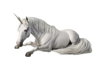 Isolated lying white horse unicorn - Generative AI - obrazy, fototapety, plakaty