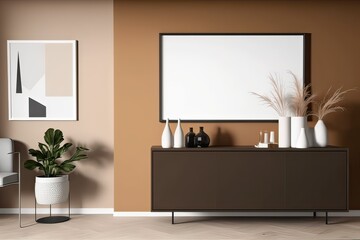 Black frame on brown wall in modern room. Contemporary style mockup. Free copy space. Sideboard, vase, plant. Photo generative AI
