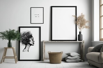Mockup Posters in Scandi Living Room: Perfect for Branding!. Photo generative AI