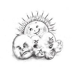 Pencil drawing of characters of cheerful sun and evil clouds.