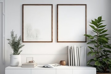 Fototapeta na wymiar Stylish White Home Decor: Mock Up Frames, Books, Plants, Accessories. Photo generative AI