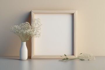 Square wooden frame mockup with gypsophila in vase on beige table. Photo generative AI