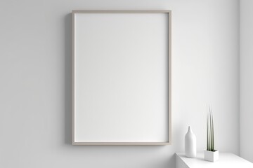 White wall with blank vertical frame. Template for artwork, poster. Empty, close up view. Minimalist mockup. Photo generative AI