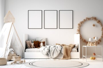White cozy children room mock up frame, Scandinavian style. Photo generative AI