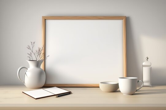 Wooden Frame Mockup w/Coffee, Books, Vase, Notebook on Table, White Wall Background, Front View. Photo generative AI