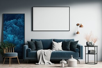 Illustrated Blue Sofa Interior Mockup Poster Frame, Scandinavian Style. Photo generative AI