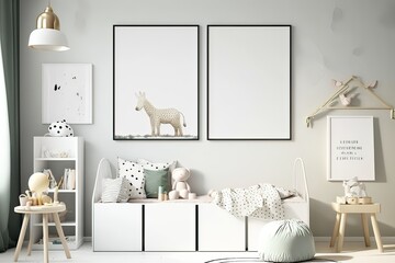 Illustration of Mockup Posters in Kids' Room with Scandinavian Decor. Photo generative AI