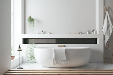 Naklejka na ściany i meble White Tub Closeup: Wooden Bathroom Interior . Photo generative AI