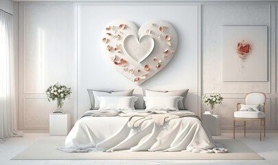  a white bedroom with a heart shaped wall hanging above the bed.  generative ai