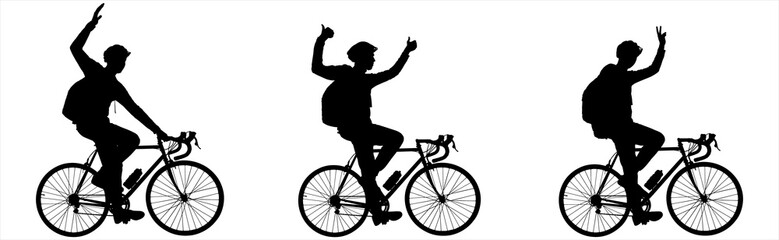 Fototapeta na wymiar A group of cyclists. A man on a bicycle raised his hand and shows a gesture. A guy in a protective helmet, with a large backpack on his back, rides a bicycle. Side view. Black male silhouette isolated