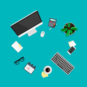 Vector workspace overhead view. Modern business work desk top in trendy style. Computer, glasses, smartphone, coffee, calculator, calendar, paper sheets and other items isolated on blue background.