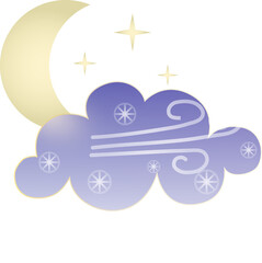Winter season weather icon. Glassmorphism style symbols for meteo forecast app. Night sing. Moon, stars, wind and snow clouds. PNG illustrations