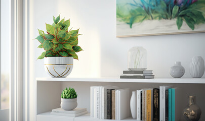  a potted plant sitting on top of a white shelf.  generative ai