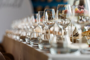 Glassware on a served table in a restaurant